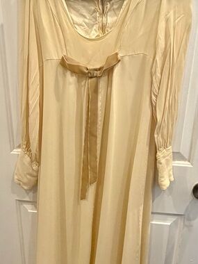 Vintage Cream Prairie Dress Romantic Cottagecore Sheer Chiffon Ribbon Bow Midi